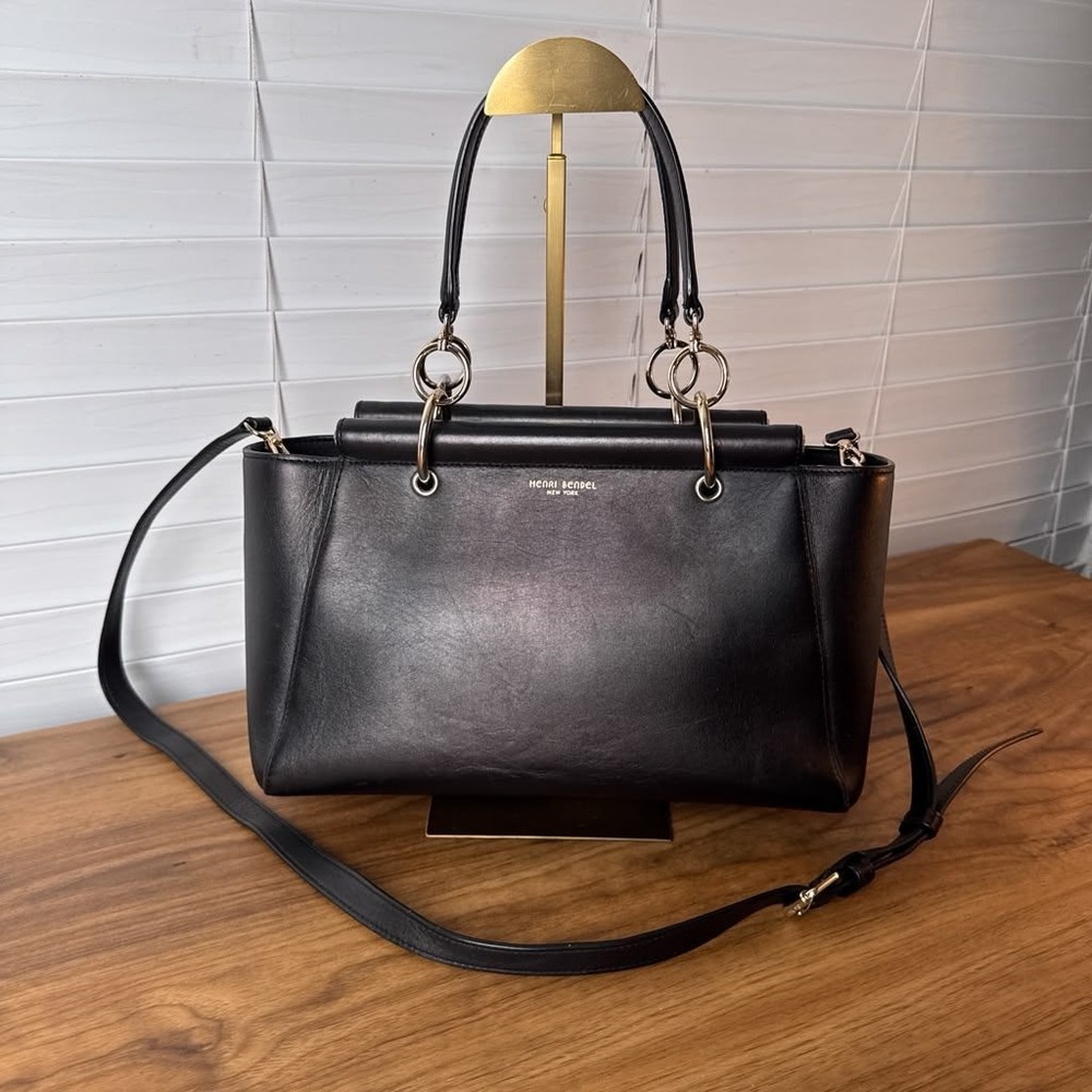 Henri Bendel Satchel Leather Black Convertible With Crossbody Bag - Picture 2 of 16